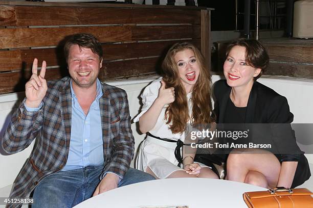 Russian Actress & Producer Agata Gotova poses with actress Anna Klimkina and producer Boris Grif during the Chik Party at the Sea Lounge Beach Club...