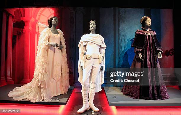 Costums of character Queen Amidala from the Star Wars film series are displayed during the exhibition 'Star Wars Identities' at the Cite du Cinema on...