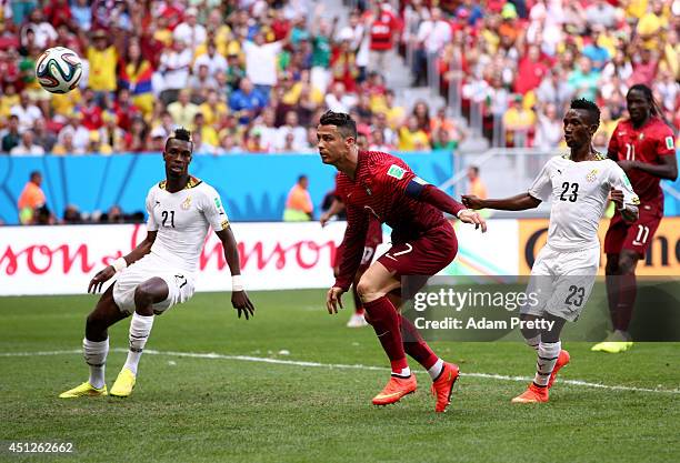 Cristiano Ronaldo of Portugal attemps to head a goal during the 2014 FIFA World Cup Brazil Group G match between Portugal and Ghana at Estadio...