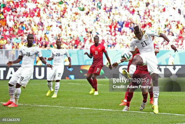 John Boye of Ghana scores an own goal during the 2014 FIFA World Cup Brazil Group G match between Portugal and Ghana at Estadio Nacional on June 26,...