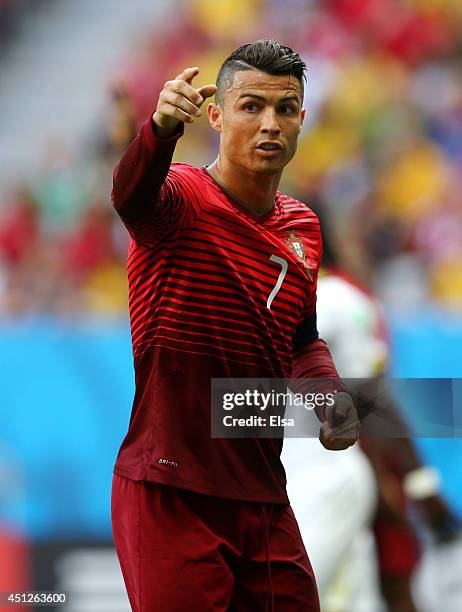 Cristiano Ronaldo of Portugal reacts during the 2014 FIFA World Cup Brazil Group G match between Portugal and Ghana at Estadio Nacional on June 26,...