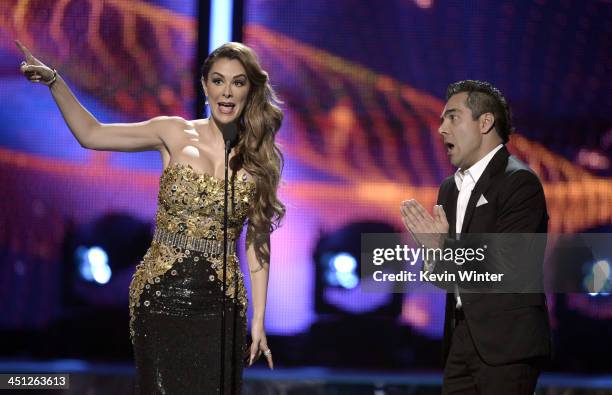 Hosts Blanca Soto and Omar Chaparro speak onstage during The 14th Annual Latin GRAMMY Awards at the Mandalay Bay Events Center on November 21, 2013...