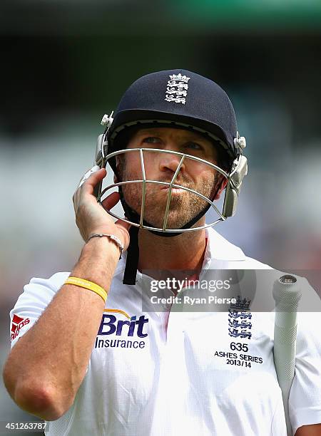 Matt Prior of England looks dejected after being dismissed by Nathan Lyon of Australia during day two of the First Ashes Test match between Australia...