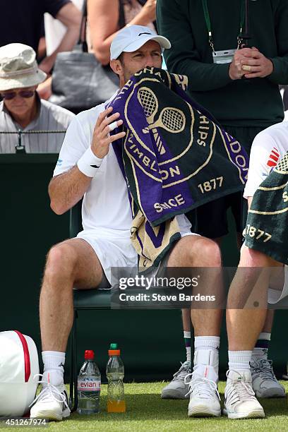 Paul Hanley of Australia during his Gentlemen's Doubles first round match with Lukas Dlouhy of Czech Republic against Santiago Gonzalez of Mexico and...