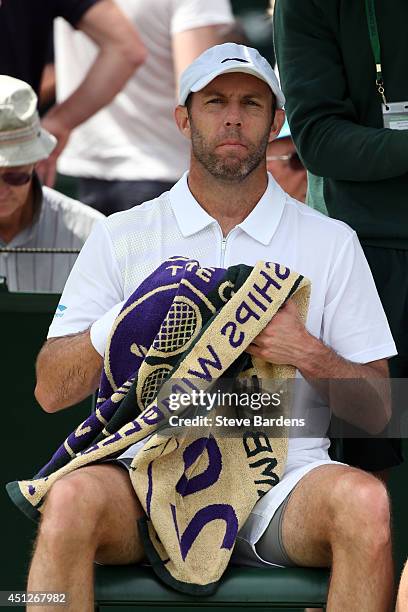 Paul Hanley of Australia during his Gentlemen's Doubles first round match with Lukas Dlouhy of Czech Republic against Santiago Gonzalez of Mexico and...