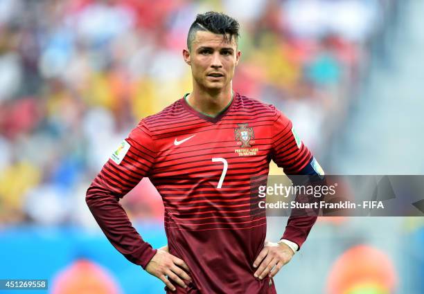 Cristiano Ronaldo of Portugal reacts after the 2014 FIFA World Cup Brazil Group G match between Portugal and Ghana at Estadio Nacional on June 26,...