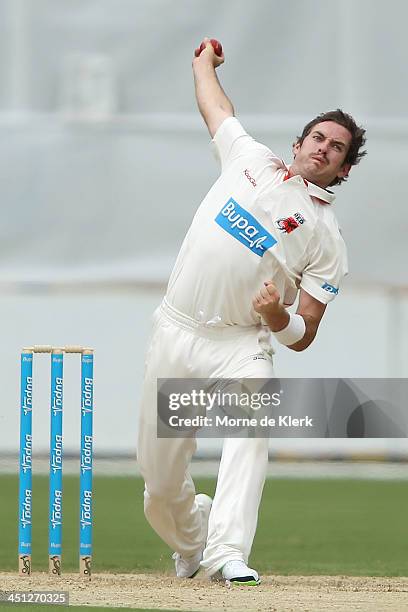 Chadd Sayers of the Redbacks bowls during day one of the Sheffield Shield match between the South Australia Redbacks and the Tasmania Tigers at...