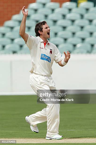 Chadd Sayers of the Redbacks appeals during day one of the Sheffield Shield match between the South Australia Redbacks and the Tasmania Tigers at...