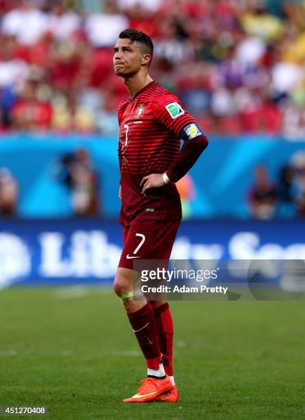Cristiano Ronaldo of Portugal reacts during the 2014 FIFA World Cup Brazil Group G match between Portugal and Ghana at Estadio Nacional on June 26,...