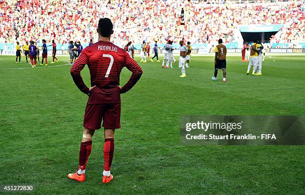 Cristiano Ronaldo of Portugal shows his dejection after the 2014 FIFA World Cup Brazil Group G match between Portugal and Ghana at Estadio Nacional...