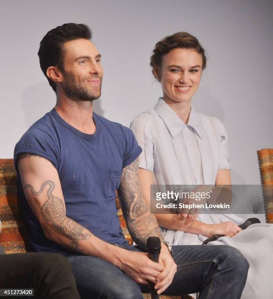 Singer/actor Adam Levine and actress Keira Knightley attend the 'Begin Again' press conference at Crosby Street Hotel on June 26, 2014 in New York...