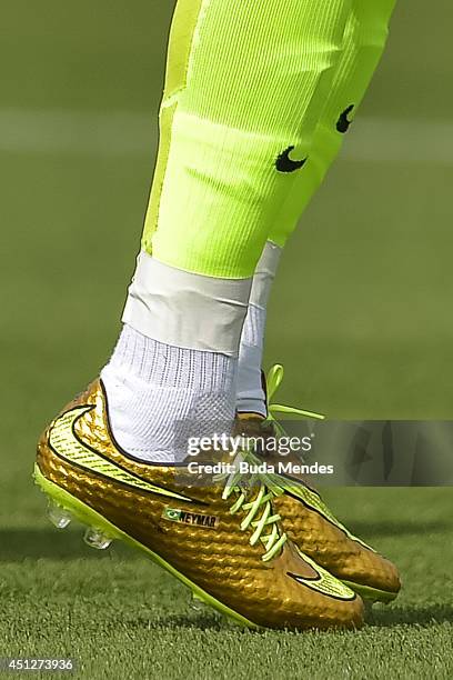 The football boots of Neymar during a training session of the Brazilian national football team at the squad's Granja Comary training complex, on June...