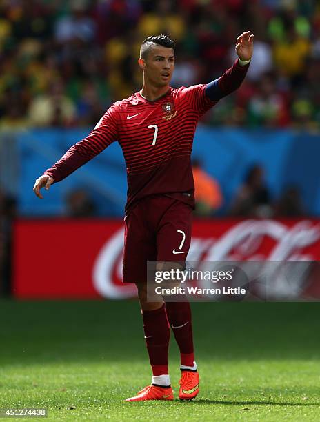 Cristiano Ronaldo of Portugal reacts during the 2014 FIFA World Cup Brazil Group G match between Portugal and Ghana at Estadio Nacional on June 26,...