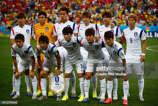 South Korea players pose for a team photo during the 2014 FIFA World Cup Brazil Group H match between South Korea and Belgium at Arena de Sao Paulo...