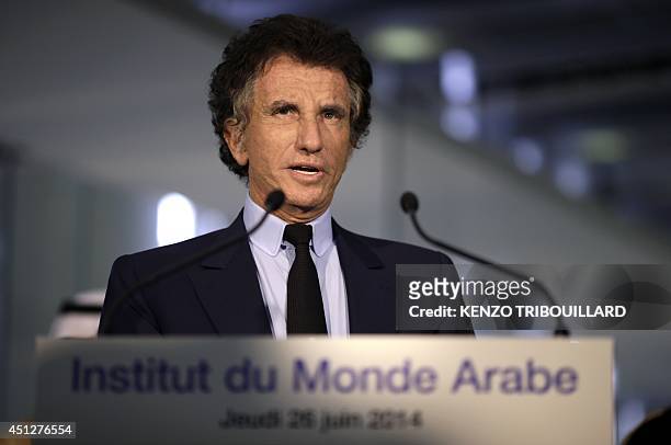 President of the Arab World Institute Jack Lang delivers a speech after viewing the exhibition "Hajj, the pilgrimage to Mecca" , on June 26, 2014 in...