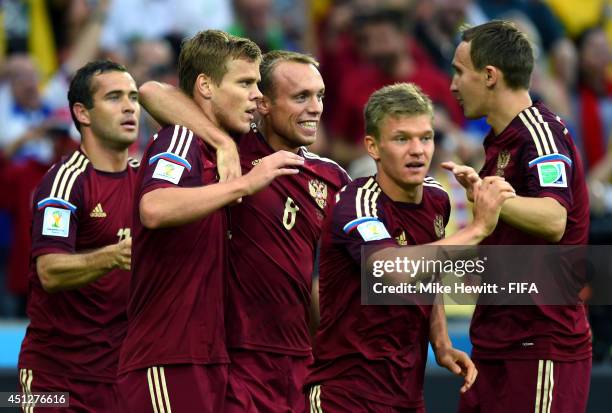 Alexander Kokorin of Russia celebates scoring his team's first goal with his teammates during the 2014 FIFA World Cup Brazil Group H match between...