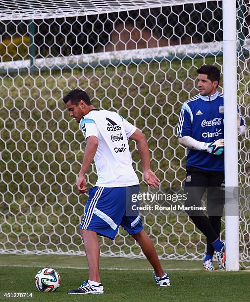 Sergio Romero and Agustin Orion of Argentina during a training session at Cidade do Galo on June 26, 2014 in Vespasiano, Brazil.