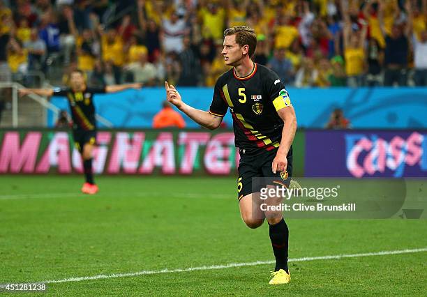 Jan Vertonghen of Belgium celebrates scoring his team's first goal during the 2014 FIFA World Cup Brazil Group H match between South Korea and...