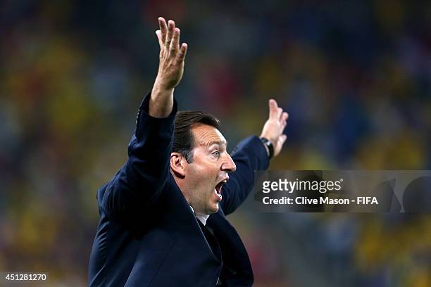 Head coach Marc Wilmots of Belgium gestures during the 2014 FIFA World Cup Brazil Group H match between Korea Republic and Belgium at Arena de Sao...