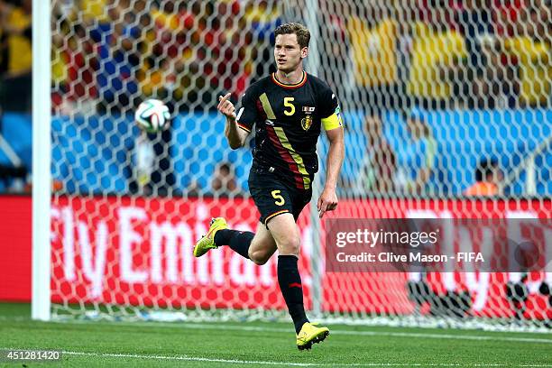 Jan Vertonghen of Belgium celebrates scoring his team's first goal during the 2014 FIFA World Cup Brazil Group H match between Korea Republic and...