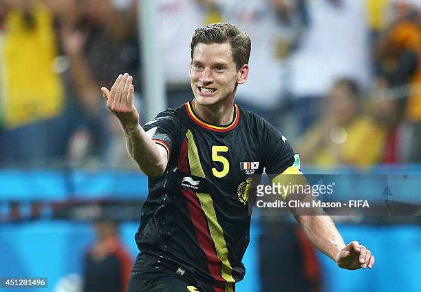 Jan Vertonghen of Belgium celebrates scoring his team's first goal during the 2014 FIFA World Cup Brazil Group H match between Korea Republic and...