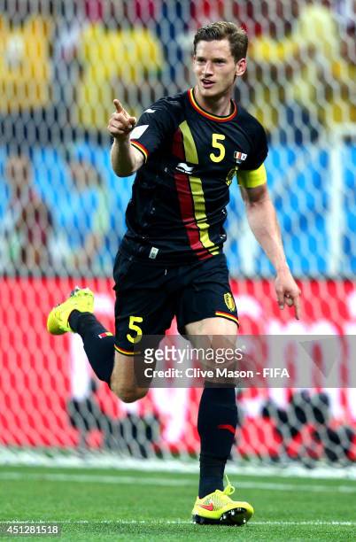 Jan Vertonghen of Belgium celebrates scoring his team's first goal during the 2014 FIFA World Cup Brazil Group H match between Korea Republic and...