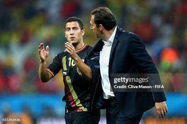 Head coach Marc Wilmots and Eden Hazard of Belgium celebrate the 1-0 win after the 2014 FIFA World Cup Brazil Group H match between Korea Republic...