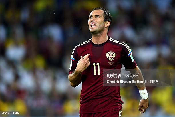 Aleksandr Kerzhakov of Russia reacts during the 2014 FIFA World Cup Brazil Group H match between Algeria and Russia at Arena da Baixada on June 26,...