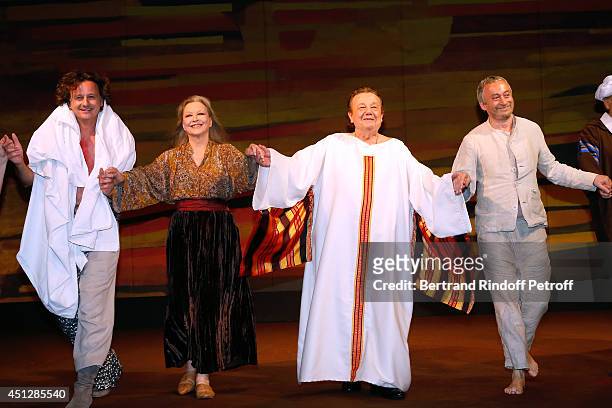 Mathias Marechal, Marina Vlady, Marcel Marechal and Emmanuel Dechartre hi the public at the end of 'Le Cavalier seul' Theater Play at Theatre 14 on...