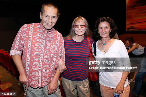 Actress Marina Vlady standing between her son Igor Hossein and guest attend 'Le Cavalier seul' Theater Play at Theatre 14 on June 26, 2014 in Paris,...