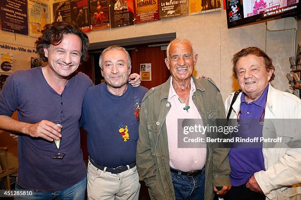 Actors Jean-Paul Belmondo , Mathias Marechal his father Marcel Marechal and Actor and director of the theater Emmanuel Dechartre backstage after 'Le...