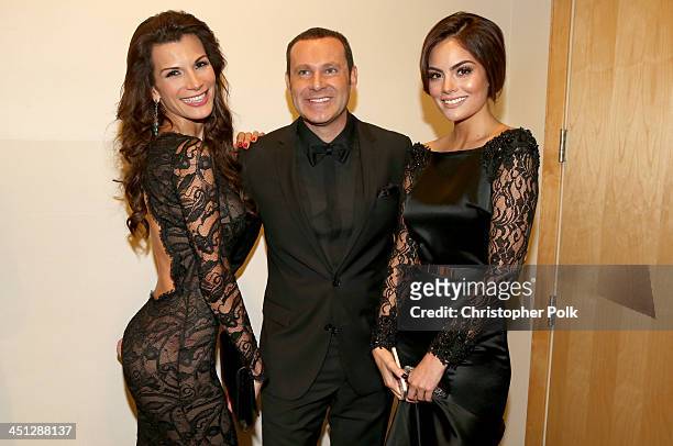 Personalities Alan Tacher and Cristina Bernal pose with model Ximena Navarrete backstage during the 14th Annual Latin GRAMMY Awards held at the...