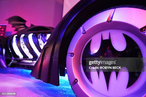 The Batmobile from "Batman Forever" is seen at The Batman Exhibit on the exhibitions opening day on the Warner Bros. VIP Studio Tours at the Warner...