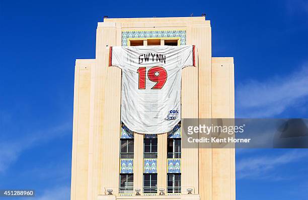 The San Diego County Adminstration Building is adorned with a giant replica jersey celebrating Hall of Famer Tony Gwynn, Sr.'s life and career as a...