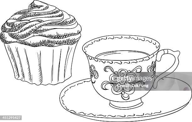 nachmittagstee und tee - cupcake teacup stock-grafiken, -clipart, -cartoons und -symbole