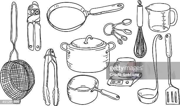küchengeräte in schwarz und weiß - garkochen stock-grafiken, -clipart, -cartoons und -symbole