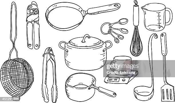 kitchen utensils in black and white - cooking pan illustration stock illustrations