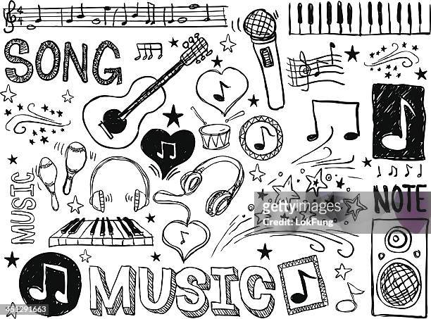 various musical elements in black and white - music stock illustrations