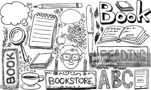 pen sketch of study elements on white - reading stock illustrations