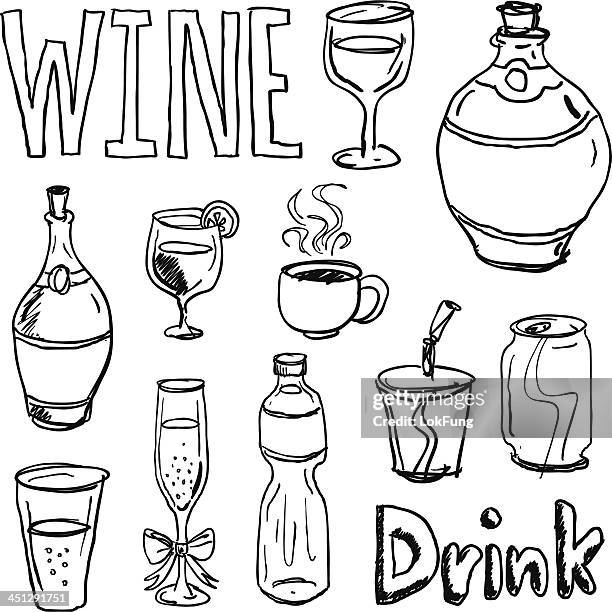 different kinds of drinks in black and white - plastic straws stock illustrations