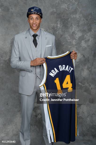 Dante Exum, the fifth pick overall by the Utah Jazz, poses for a portrait during the 2014 NBA Draft at the Barclays Center on June 26, 2014 in the...