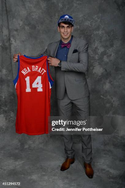 Dario Saric, aquired by the Philadelphia 76ers via trade, poses for a portrait during the 2014 NBA Draft at the Barclays Center on June 26, 2014 in...
