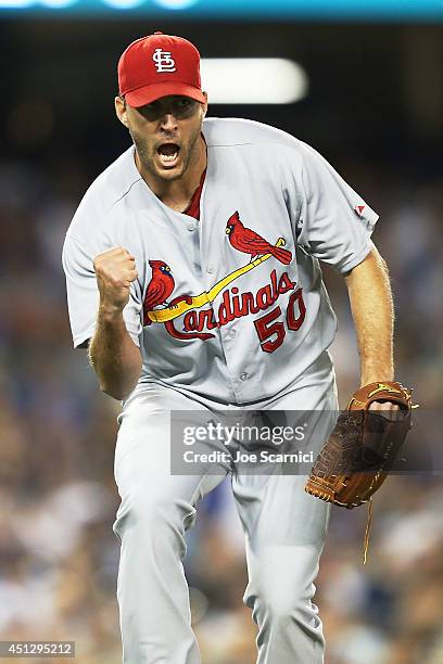 Adam Wainwright of the St. Louis Cardinals celebrates ater a double play ending the sixth inning against the the Los Angeles Dodgers at Dodger...