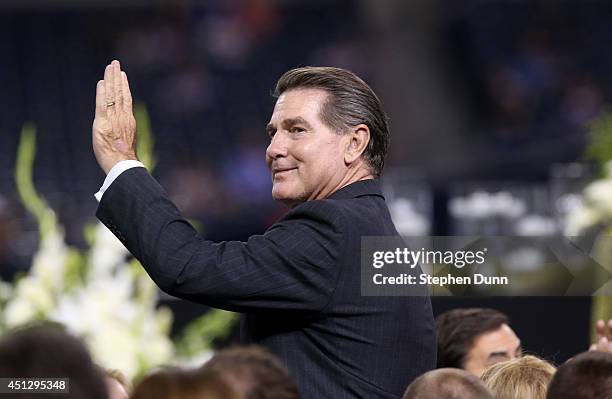 Former teammate Steve Garvey waves as he is introduced during a Memorial Tribute To Tony Gwynn by the San Diego Padres at PETCO Park on June 26, 2014...