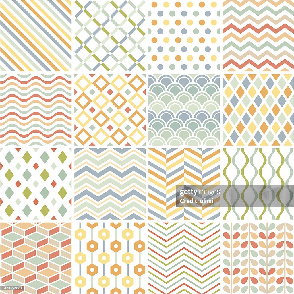 Patchwork of 16 geometric patterns on white
