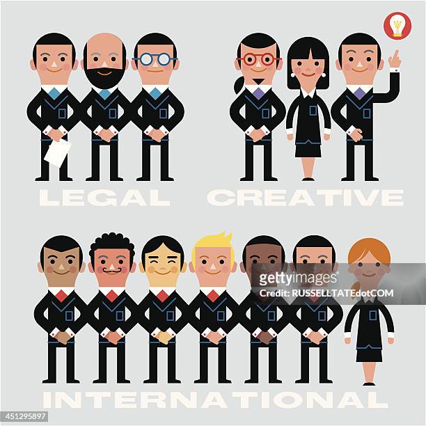 infographic team - legal, creative, international - arm in arm stock illustrations