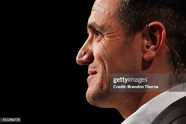 Michael Zappone speaks on camera during the official FFA Cup draw at Fox Sports Studios on June 27, 2014 in Sydney, Australia.