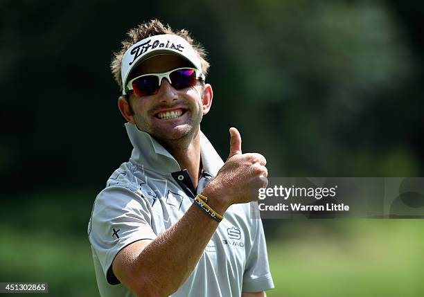 Jbe Kruger of South Africa gives a thumbs up during the second round of the South African Open Championship at Glendower Golf Club on November 22,...