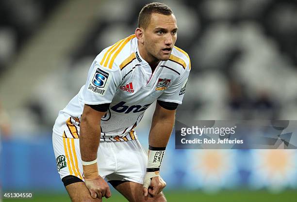 Aaron Cruden of the Chiefs during the round 17 Super Rugby match between the Highlanders and the Chiefs at Forsyth Barr Stadium on June 27, 2014 in...