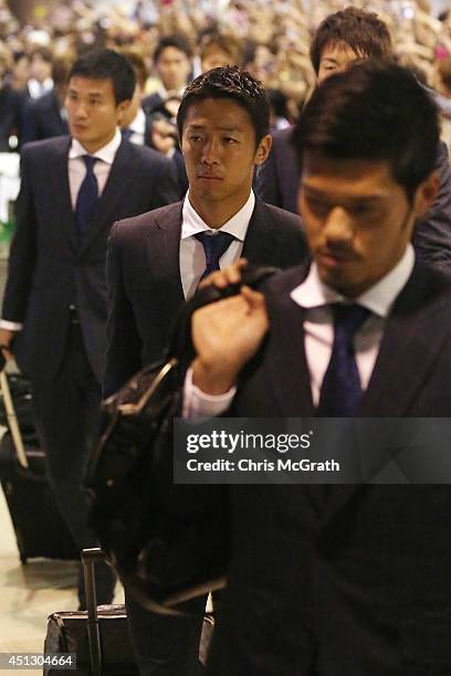 Hiroshi Kiyotake of Japan is seen upon arrival back from the World Cup 2014 Brazil at Narita International Airport on June 27, 2014 in Narita, Japan.